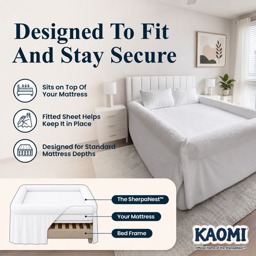 Designed to fit and stay secure: the SherpaNest™ on a white bed. Sits on top of your mattress, fitted sheet keeps it in place, fits standard mattress depths.