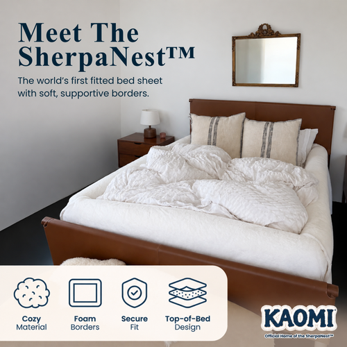 Meet the SherpaNest™, Second Chance Collection: the world's first fitted bed sheet with soft, supportive borders. Cozy material, foam borders, secure fit, top-of-bed design.